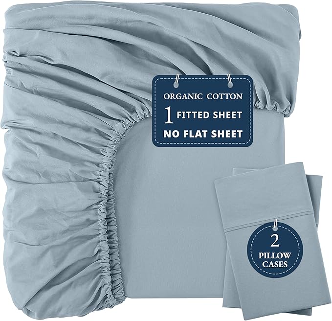 LANE LINEN Fitted Sheet King Size - 100% Organic Cotton, 3-Piece Set (1 Fitted Sheet,2 Pillowcases), Percale Weave, Ultra Soft, Breathable,Fits Mattress Upto 15" Deep -French Blue (No Flat Sheet)
