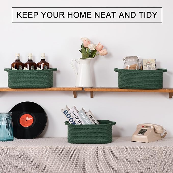 OIAHOMY Cotton Rope Woven Baskets for Storage, Nursery Rectangle Storage Basket with Handles for Shelves, Pack of 3, Green