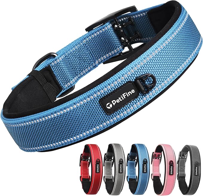 PetiFine Dog Collar for Large Dogs, Neoprene Padded and Adjustable, Reflective Wide Heavy Duty Pet Collars with Durable Metal Belt Buckle for Walking, Blue, XL