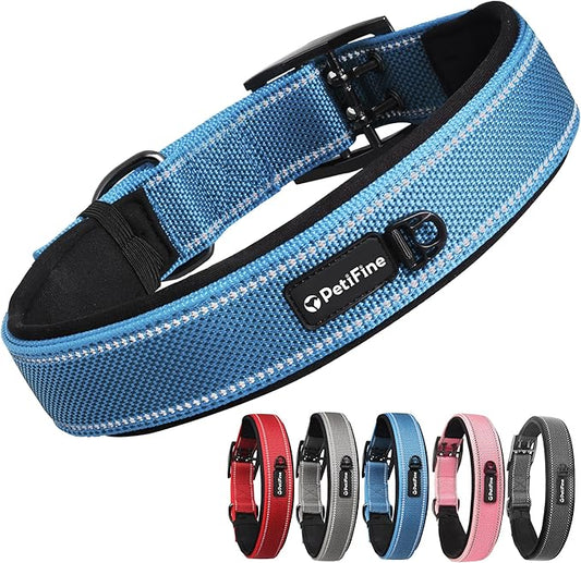 PetiFine Dog Collar for Large Dogs, Neoprene Padded and Adjustable, Reflective Wide Heavy Duty Pet Collars with Durable Metal Belt Buckle for Walking, Blue, XL