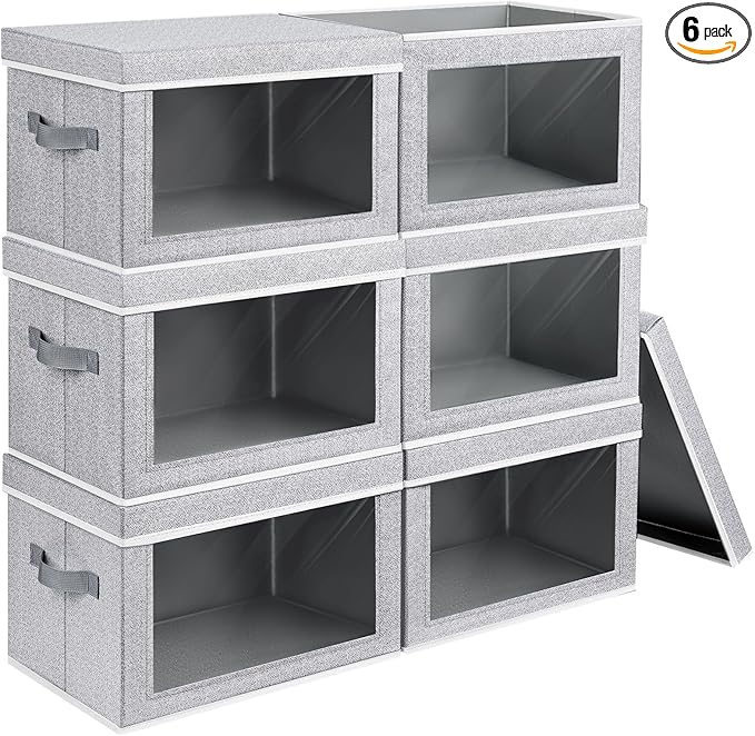 Large Storage Baskets with Lids - Stackable Cube Bins for Closet, 6 Pack Windows Organizer Bins, Home Organizers and Storage for Clothes, CD, Towels, Light Grey