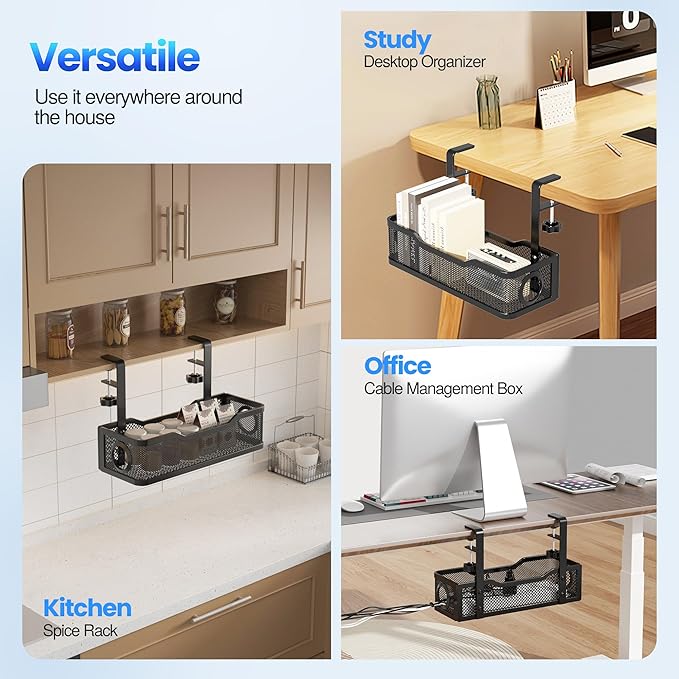 Cable Management Under Desk Tray, No Drill Cable Management Box With Clamp for Wire Organization, Cord Organizer for Office, Home - No Damage to Desk (Black)