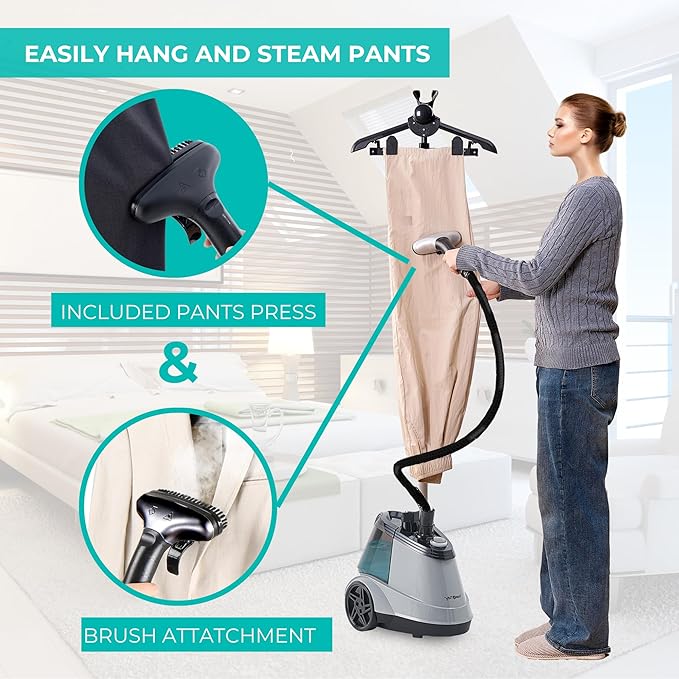 True & Tidy® Commercial Garment Steamer – Heavy Duty 1800W for Home & Commercial Use, 90+ Min Continuous Steam, Large 2.9L Tank, Wheels (X5A Gray Auto-Off, Smart Commercial Garment Steamer)