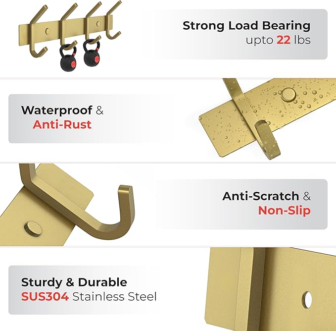 Brushed Gold Wall Mounted Coat Rack – 12 Inch Stainless Steel Rail with 4 Double Coat Hooks for Entryway, Bathroom, Bedroom, Kitchen – Modern Gold Hook Rack for Coats, Hats, Towels