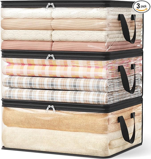 Lifewit 3 Pack Clear Clothes Storage Bags, 35L Plastic Vinyl Foldable Moving Bags with Zipper and Reinforced Handles, Closet Organizers and Storage Containers for Blanket, Sweaters, Coats, T-shirts