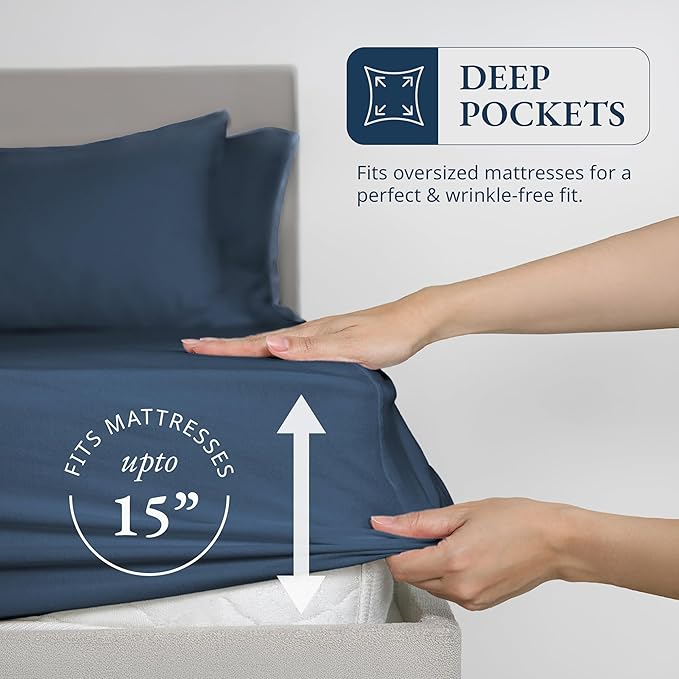 LANE LINEN King Size Fitted Sheet, 100% Organic Cotton, 3-Piece Set (1 Fitted Sheet,2 Pillowcases), Percale Weave, Ultra Soft, Breathable,Fits Mattress Upto 15" Deep - Estate Blue (No Flat Sheet)