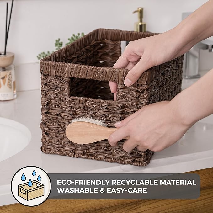 GRANNY SAYS Wicker Storage Baskets for Shelves, Wicker Baskets for Organizing, Waterproof Woven Basket for Pantry, Rectangle Basket for Shlef, Brown, 2-Pack