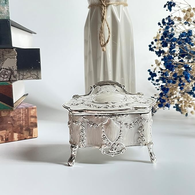 Truewon Princess Jewelry Box, Modern Korean Asian Design Metal Chest Earring Ring Necklaces Storage for Girls (Silver White, Small)