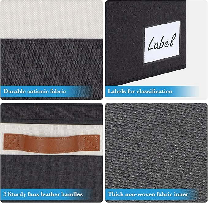 Large Storage Bins with Lids, Foldable Fabric Storage Baskets with Lids, Sturdy Storage Boxes with Labels and 3 PU Handles for Closet Home Bedroom Office (3 Packs, Black&White)