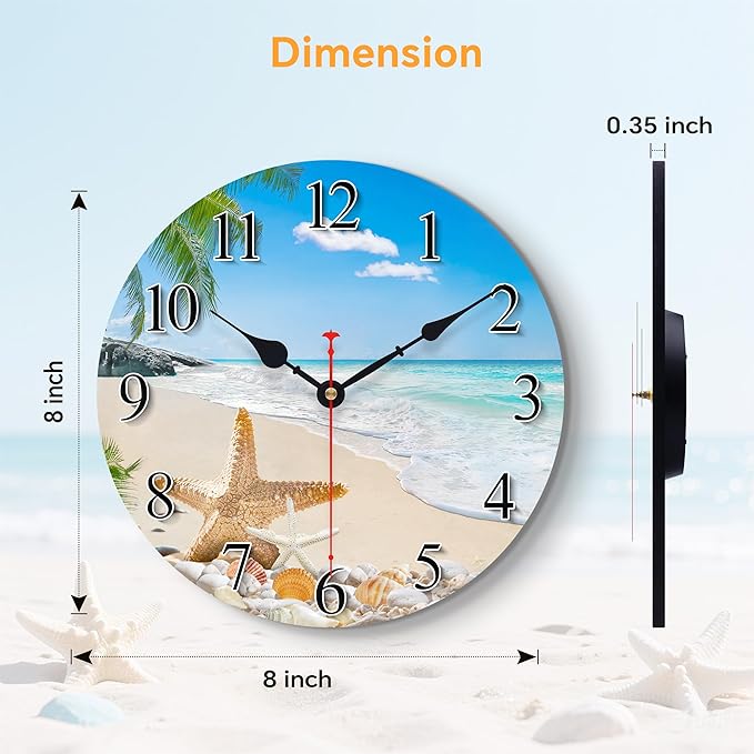 8 Inch Wall Clock Coastal Seashell Starfish Beach Decorative Clocks, Silent Non Ticking Battery Operated Palm Tree Wall Clock for Bedroom/Living Room/Kitchen