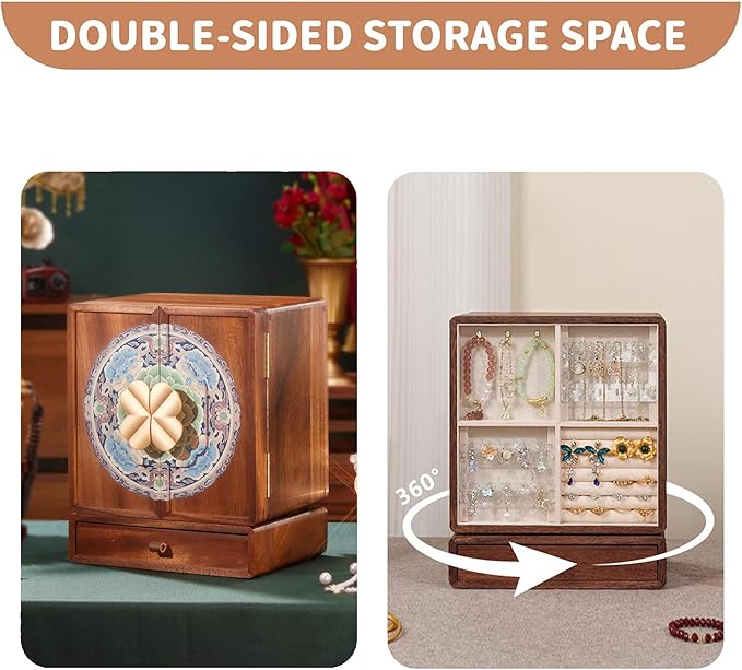 Wooden Jewelry Box for Women Jewelry Box With Drawers Walnut Wood (Walnut Wood with printing B)