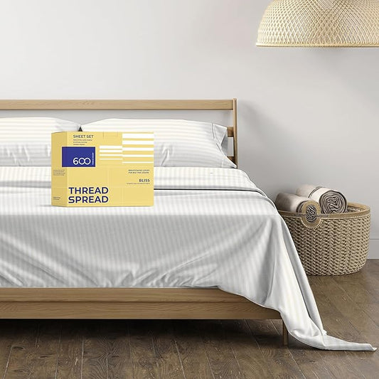 THREAD SPREAD Luxury Egyptian Cotton King Stripe Sheet Set, 600 Thread Count Extra Long Staple 4 PC Set, King Damask Sheets, Soft, Cooling Sateen Weave Striped Sheets Upto 18" Deep Pocket - Ivory