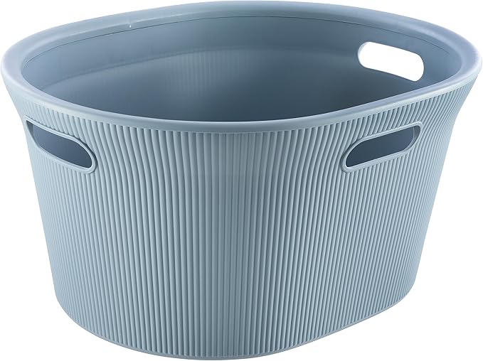 Superio Ribbed Collection - Decorative Plastic Laundry Basket & Laundry Hamper with Lid and Cut-Out Handles, Blue (Set of 2) Organzier for Bedroom Bathroom College Dorm Room