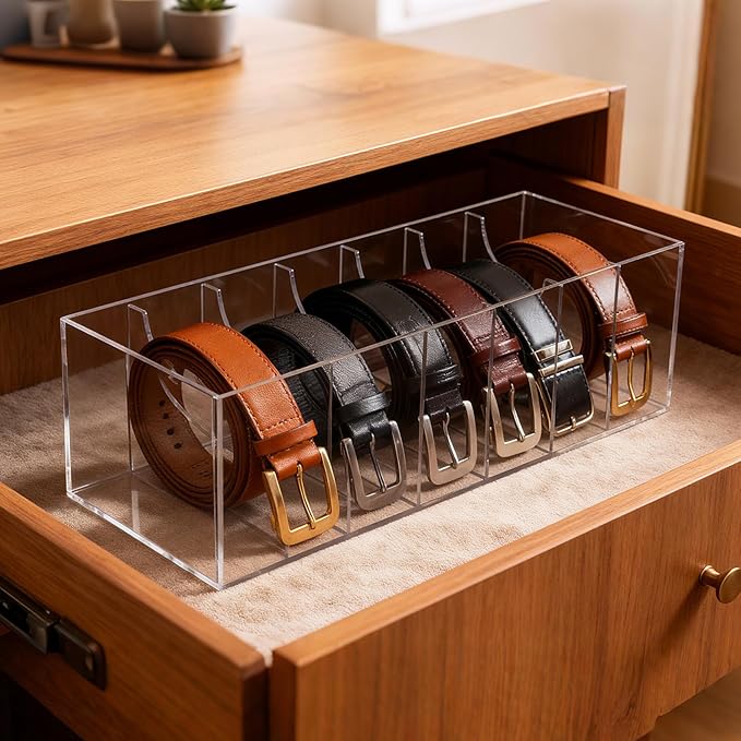 JASGOOD Acrylic Belt Organizer for Closet- 7 Compartments Clear Storage Container Display Holder for Belts, Ties, Watches, Bracelets, Jewelry,Make up and Accessories