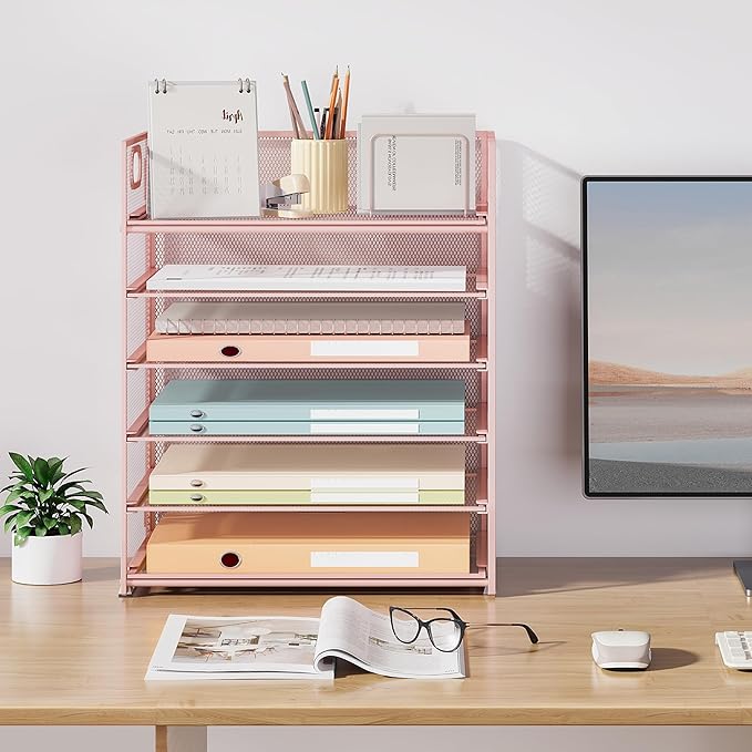 Subekyu 6-Tier Desk Paper Organizer, Desktop File Letter Tray with Handle, Document Sorter and Accessories Holder for Office, Home and School Workspace Organizers, Pink-2 Pack