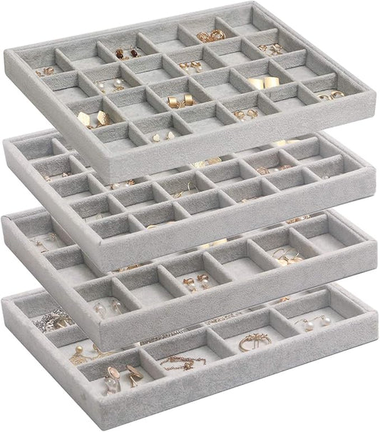 DIOMMELL Set of 4 Stackable Velvet Jewelry Trays Organizer, Jewelry Display Storage Box Showcase Holder Dresser Drawer Organizer for Earring Necklace Bracelet Ring Accessary, Grey