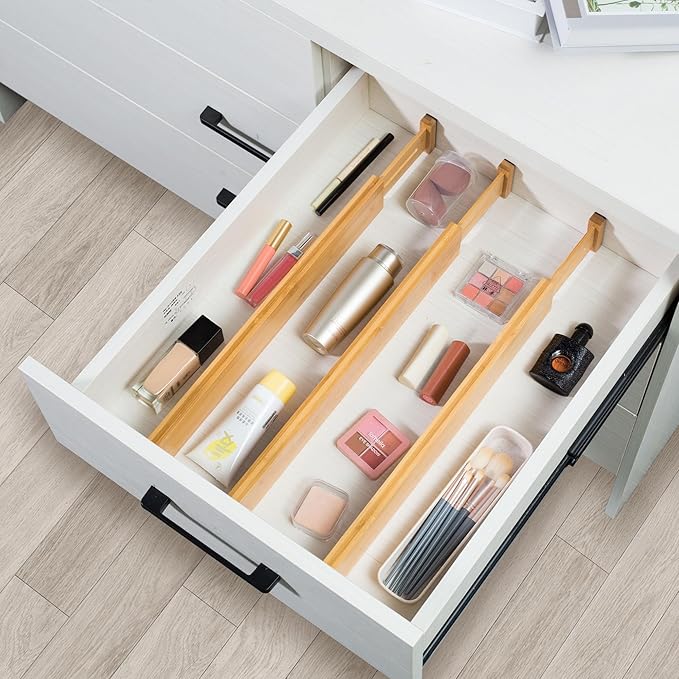VaeFae Adjustable Bamboo Drawer Dividers, Expandable Drawer Organizer for Kitchen, Bedroom, Bathroom, Dresser and Office, 6-Pack