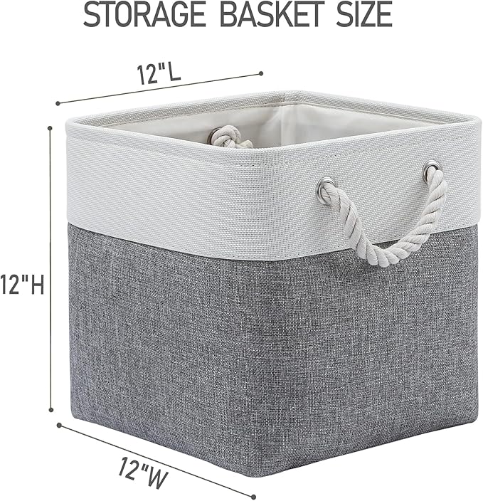 12 x 12 Inch Cube Storage Bins, 6 Pack Large Collapsible Fabric Storage Bin with Ropes, Foldable Storage Cubes for Home, Office,Closet, Clothes, Toys Organizer (White & Grey)
