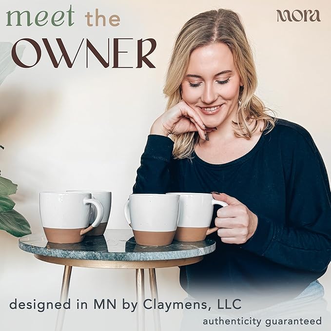 Mora Ceramic Large Latte Mug Set of 4, 16oz - Microwavable, Porcelain Coffee Cups With Big Handle - Modern, Boho, Unique Style For Any Kitchen. Microwave Safe Stoneware - Vanilla White