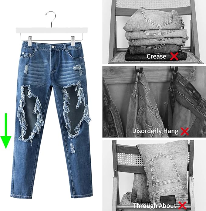 Nature Smile Wooden Pants Hangers Wood Bottom Jeans Skirt Hanger with Clips Anti Rust Hook Pack of 10 (White)