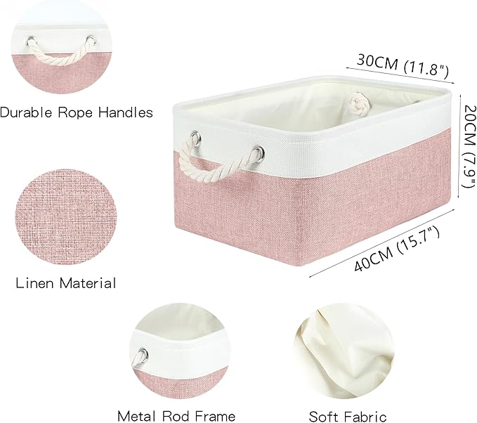 Storage Bins with Sturdy Cotton Handles(3 Pack), Fabric Storage Baskets for Organizing use for Office & Home, Book, Clothes, Toys, Closet Boxes (Large, Pink-White, 15.7x11.8x7.9 inches)