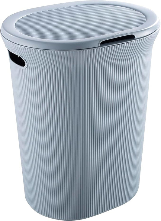 Superio Ribbed Collection - Decorative Plastic Laundry Hamper with Lid and Cut-Out Handles, Blue (1 Pack) Basket Organzier for Bedroom Bathroom College Dorm Room 40 Liter