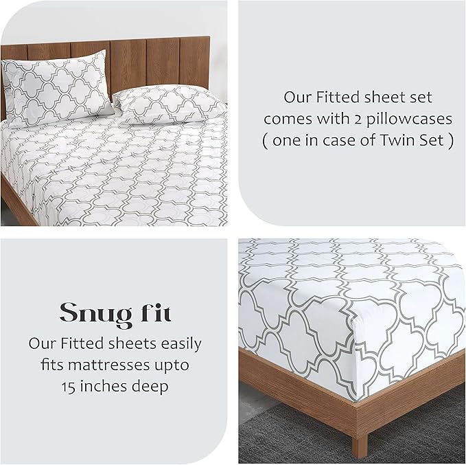 LANE LINEN Twin XL Fitted Sheet, 100% Organic Cotton 2-Piece Set (1 Fitted Sheet,1 Pillowcase),Percale Weave,Bottom Sheet, Soft, Breathable,Fits Mattress Upto 15" Deep - Trellis Silver(No Flat Sheet)