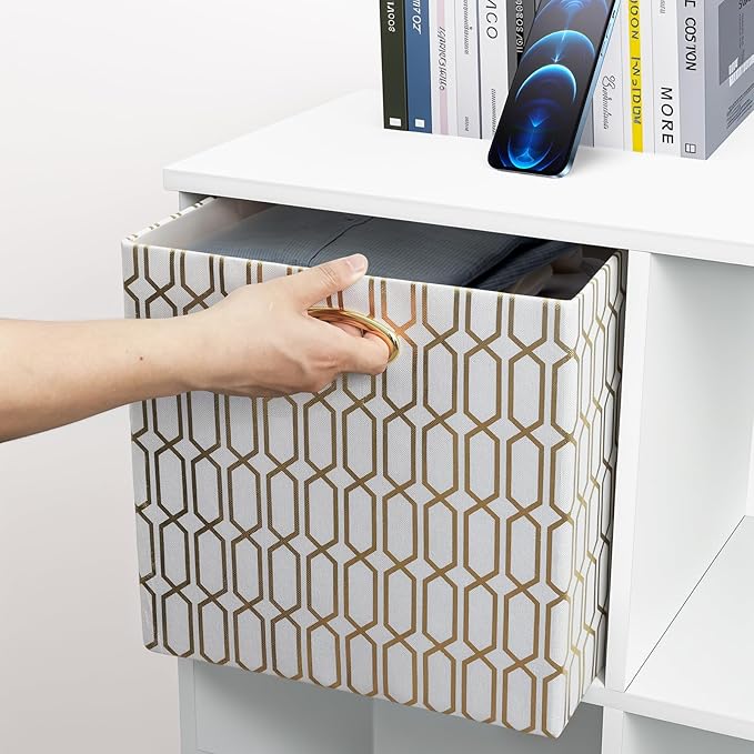 13x13x13 Storage Cube Bins, Collapsible Storage Bins Fabric Storage Cubes Organizer Baskets Box Drawers for Shelves, Closet, Wardrobe, Bookshelf, Cabinet, 4 Pack, White/Shiny Gold