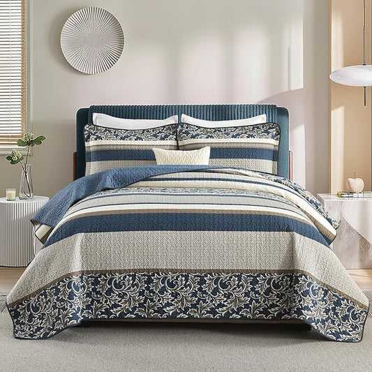 100% Cotton Quilt Set King Size - Striped Quilted Comforter, Patchwork Botanical King Quilt Bedspread, Modern Farmhouse Lightweight Bedding for King Bed, 3pcs, Deep Blue/Khaki/Gray