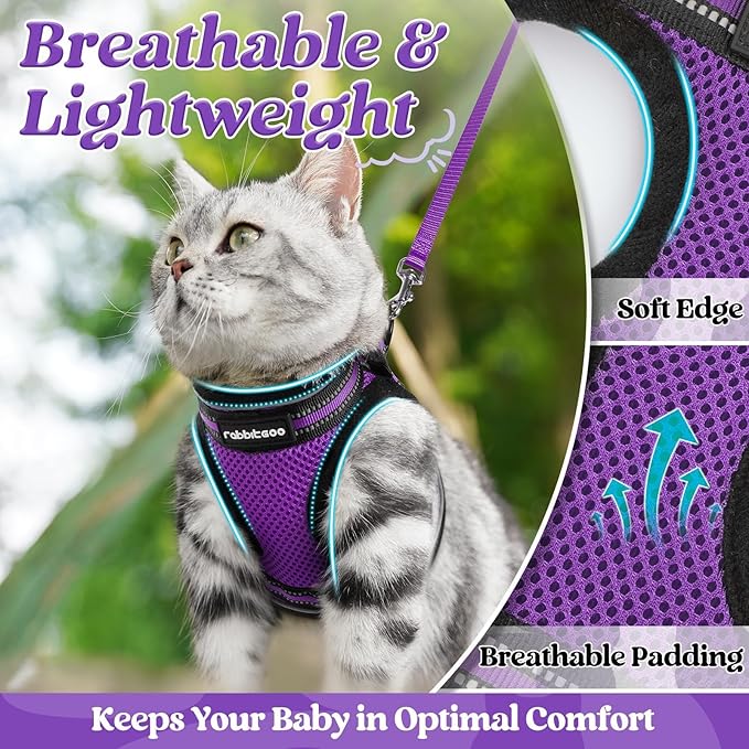rabbitgoo Cat Harness and Leash Set for Walking Escape Proof, Adjustable Soft Kittens Vest with Reflective Strip for Cats, Comfortable Outdoor Vest, Purple, S