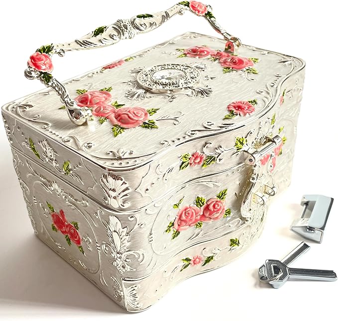 Truewon Jewelry Chest Rose Pastoral Style Metal Box Trinket Vintage Trinket Gemstone Storage Tray Treasure Souvenir Gift Case for Girls Women (White Pink Golden, Double Extra Large Hand-held)