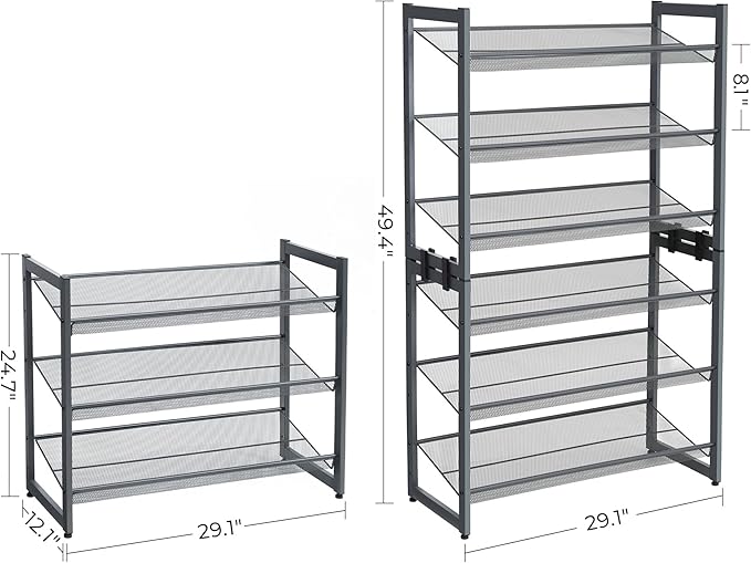SONGMICS Shoe Rack, 6-Tier Shoe Organizer, Metal Rack for Garage, Set of 2, 3-Tier Stackable Shelf, with Adjustable Flat or Angled Shelves, 18-24 Pairs, Charcoal Gray ULMR003G02