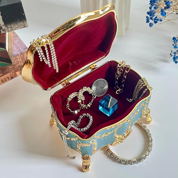 Truewon Princess Jewelry Box, Modern Korean Asian Design Metal Chest Earring Ring Necklaces Storage for Girls (Golden Blue-violet, Medium)