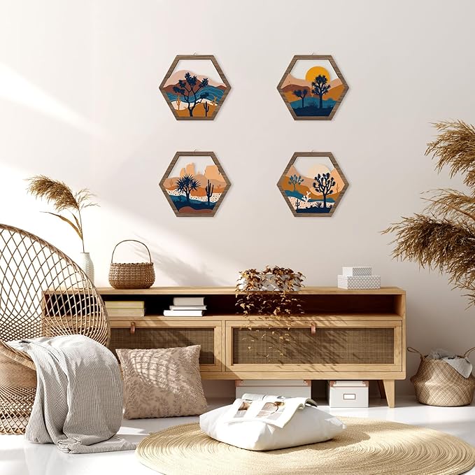 HPNIUB 4 Pcs Boho Mountains Scenery Wall Art Decor, Farmhouse Abstract Sunrise Trees Desert Cactus Hanging Wood Sign for Living Room, Aesthetic Bohemian Botanical Wooden Plaque for Apartment Bedroom(11''x9.8'')