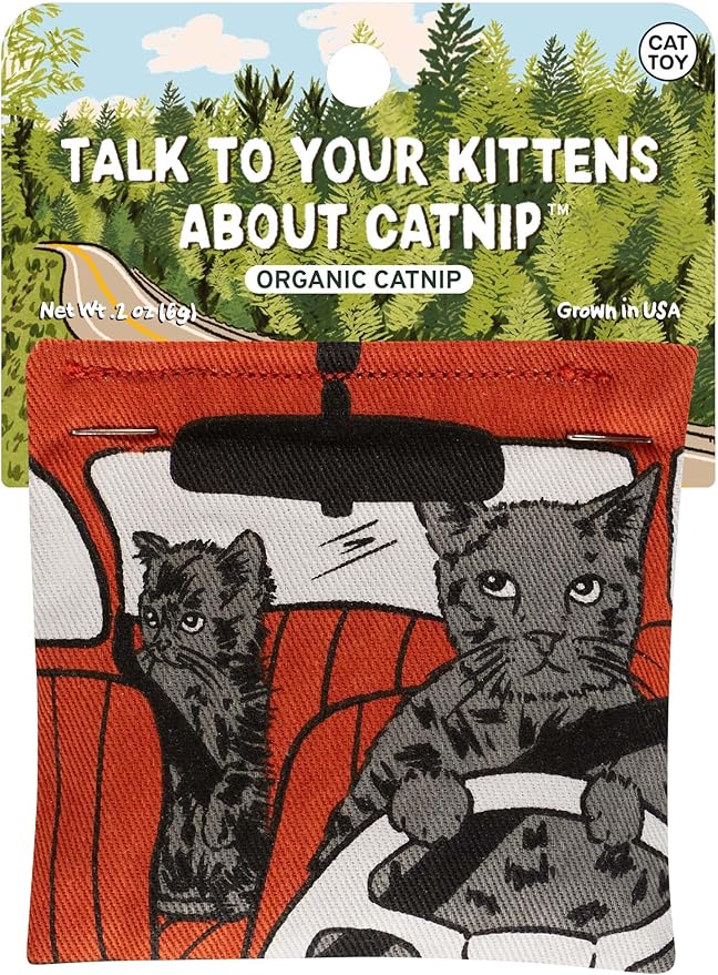 Blue Q Talk to Your Kittens About Catnip Toys - Durable Cat Toys for Biting, Premium USA-Grown Organic Catnip, Pet Supplies, 100% Silk-Screened Cotton Pouch w/Funny Kitty Graphics, Cat Birthday Gift