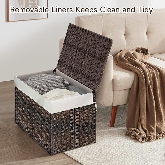 240L Wicker Storage Basket with Lid, Handwoven Rattan Large Shelf Basket with Removable Liner, 63.5 Gallon Wicker Basket for Blanket, Storage Trunk with Handle for Closet, Bedroom, Livingroom, Brown