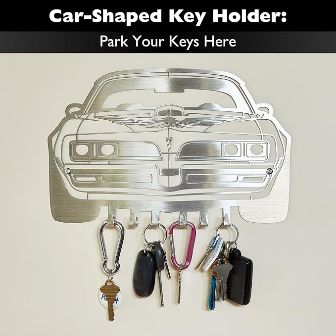 MOOH Key Holder for Wall - Metal Automotive Key Holder With 6 Hooks - Unique Car Gift for Men, Women, Car Lovers & Enthusiasts - Cool Man Cave Decor (Pontiac Firebird 1977, Stainless Steel)