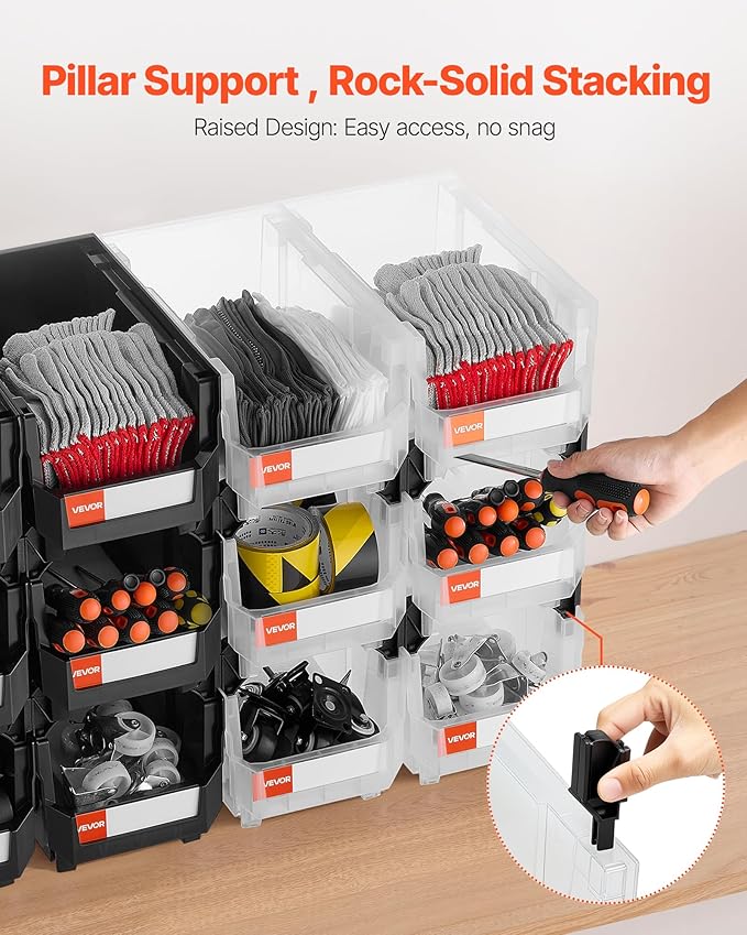 VEVOR Plastic Stackable Storage Bins, 14.8 x 8.5 x 7.1 inch (12 Pack), Plastic Containers for Organizing & Storage Bins for Garage, Small Parts, Office Supplies, Other Accessories, Black & Transparent