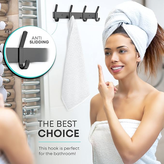 Matte Black Coat Rack Wall Mount – 12 Inch Stainless Steel Hook Rail with 4 Double Coat Hooks – Wall Mounted Entryway Organizer for Coats, Hats, Bags, Towels, Robes, Closet or Bathroom