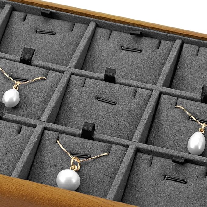 Oirlv Solid Wood 12 Grid Liner Pendant Jewelry Organizer Tray Jewelry Drawer Organizer(Grey)