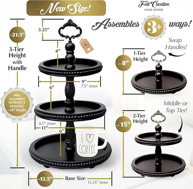 [3-in-1] Wooden Tiered Tray Stand - Beaded 3 Tiered Tray Decor Wood Cupcake Stand for Farmhouse Country Rustic Home - 3 Tier Stand [with 3 Changeable Handles] by Felt Creative Home Goods (Black)