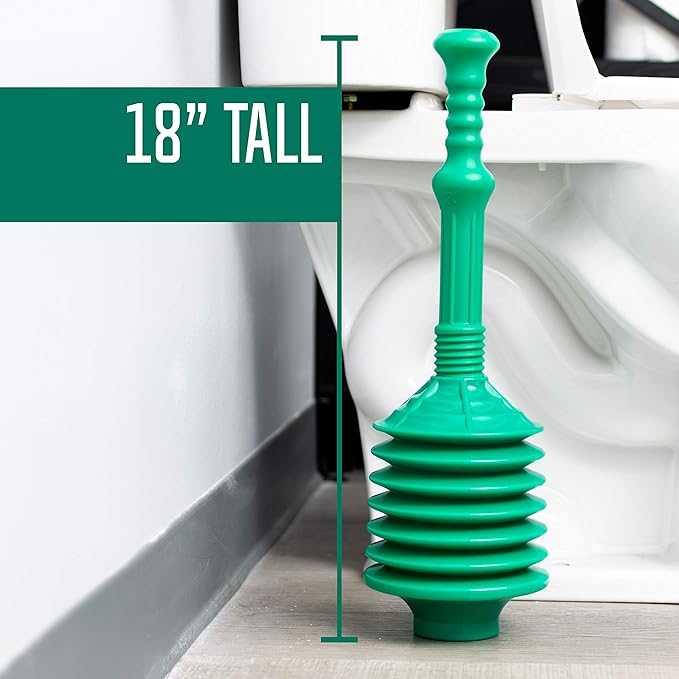 JS Jackson Supplies Professional Bellows Accordion Toilet Plunger, High Pressure Thrust Removes Heavy Duty Clogs from Clogged Bathroom Toilets, All Purpose Power Plungers for Bathrooms, Green