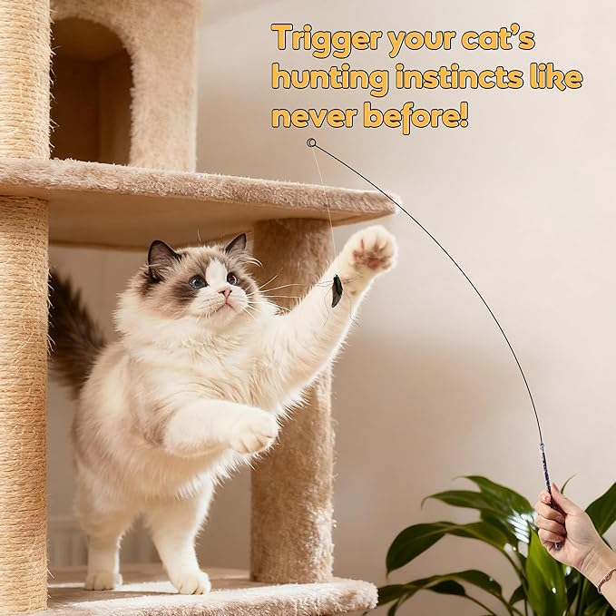 Interactive Cat Toy Bug Toys for Cats 4 Realistic Flying Bugs Cat Wand (4pcs Realistic Bug Refills + 1pc Cat Wand)