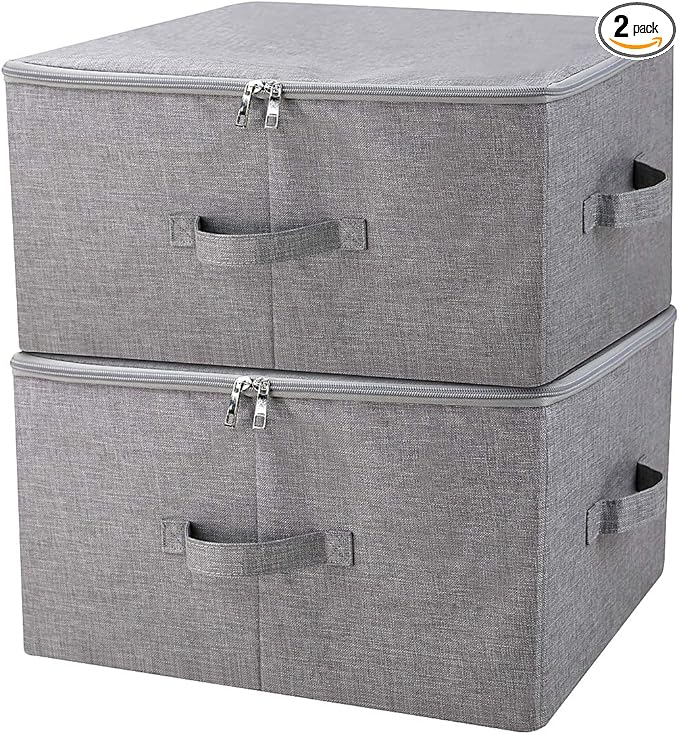 Folding Storage Box with Zip Lid and Handles, Rigid Storage Baskets With Linen Fabric& Plastic Board, Closet Shelf Drawers,Dark Gray, 2 pcs