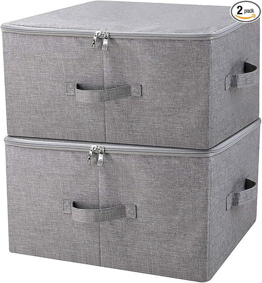 Folding Storage Box with Zip Lid and Handles, Rigid Storage Baskets With Linen Fabric& Plastic Board, Closet Shelf Drawers,Dark Gray, 2 pcs