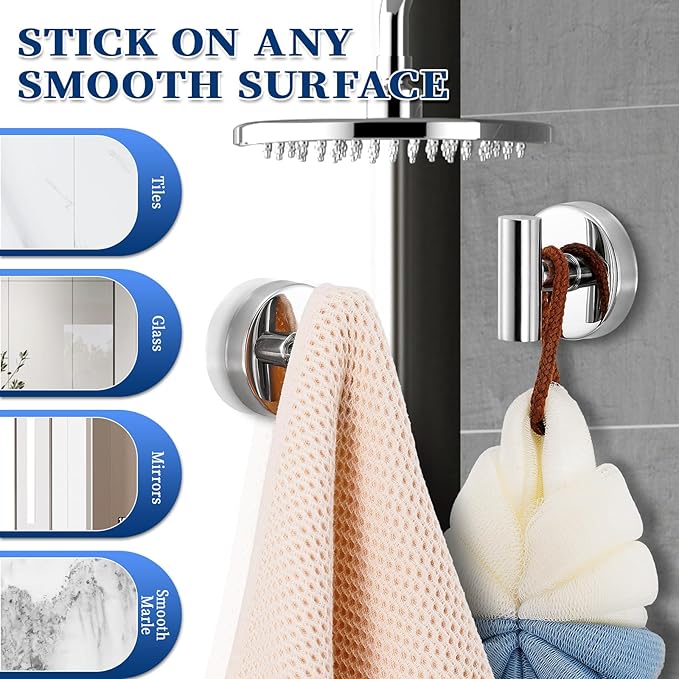 Heavy Duty Reusable Suction Cup Hooks for Shower - No Drill Bathroom/Glass/Mirror/Tiles & Metal Surfaces,and Smooth Non-Porous Surfaces for Towels, Robes, Loofahs (2, Chrome Polished)