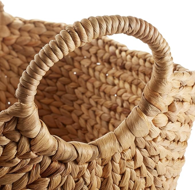 Casafield Set of 3 Multipurpose Boat Baskets with Handles - Natural, Woven Water Hyacinth Storage Organizers for Throw Blankets, Bedroom, Living Room, Laundry