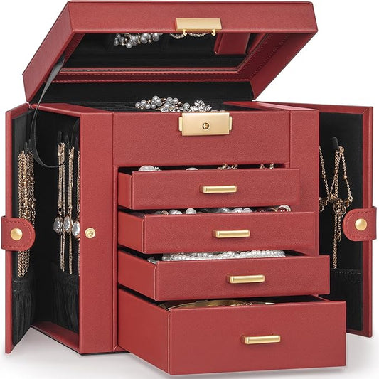 TORIBIO Jewelry Box for Women, Leather Jewelry Organizer with Mirror & Lock, 5-Tier Jewelry Storage Organizer with 4 Drawers for Girls/Women/Mothers, Necklace Earring Bracelets Holder Organizer