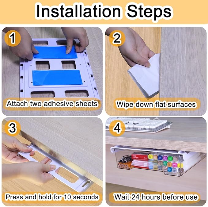 Under Desk Drawer Organizer, Attachable Slide Out Storage Drawers, Hidden Desktop Organizers, Self-Adhesive Table Storage Accessories for Home Office and School (Transparent)