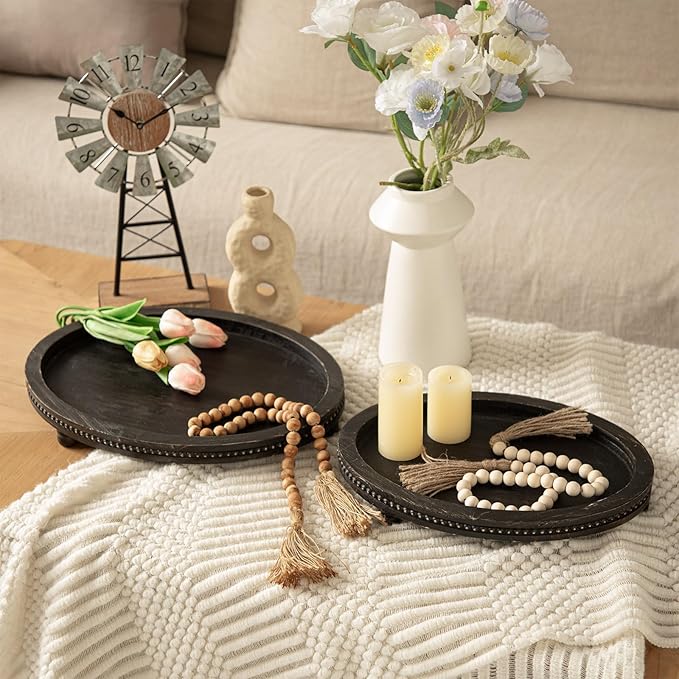 2 Piece Oval Black Wooden Serving Tray Set with Beaded Design, Centerpiece Table Decorations Tray for Living Room Ottoman, Coffee Table Tray for Farmhouse Home Decor